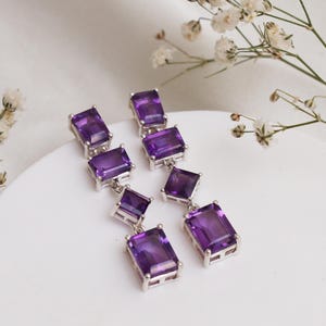 Purple Stone Earrings-Sterling Silver Hook Earrings-Violet Stone Cascading Earrings-Amethyst Long Earrings-Modern Long Earrings-Gift For Her