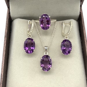 Natural Amethyst Jewelry Set Sterling Silver-Amethyst Ring Earrings Pendant Jewelry Set-February Birthstone Jewelry-Amethyst Jewelry for Her