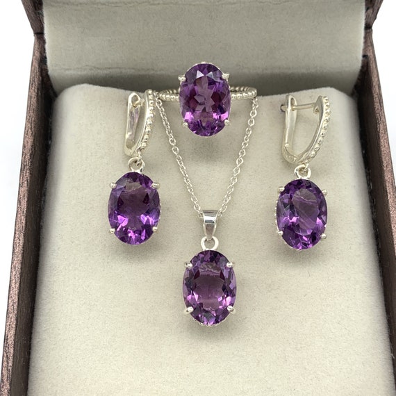 Sterling Silver Amethyst Jewelry Set: Ring, Earrings & Pendant - February Birthstone