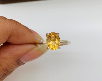 Anillo apilable de citrino natural - Banda de plata de ley 925 - Anillo de citrino de talla ovalada - Anillo solitario dorado - Regalo de piedra de nacimiento de noviembre