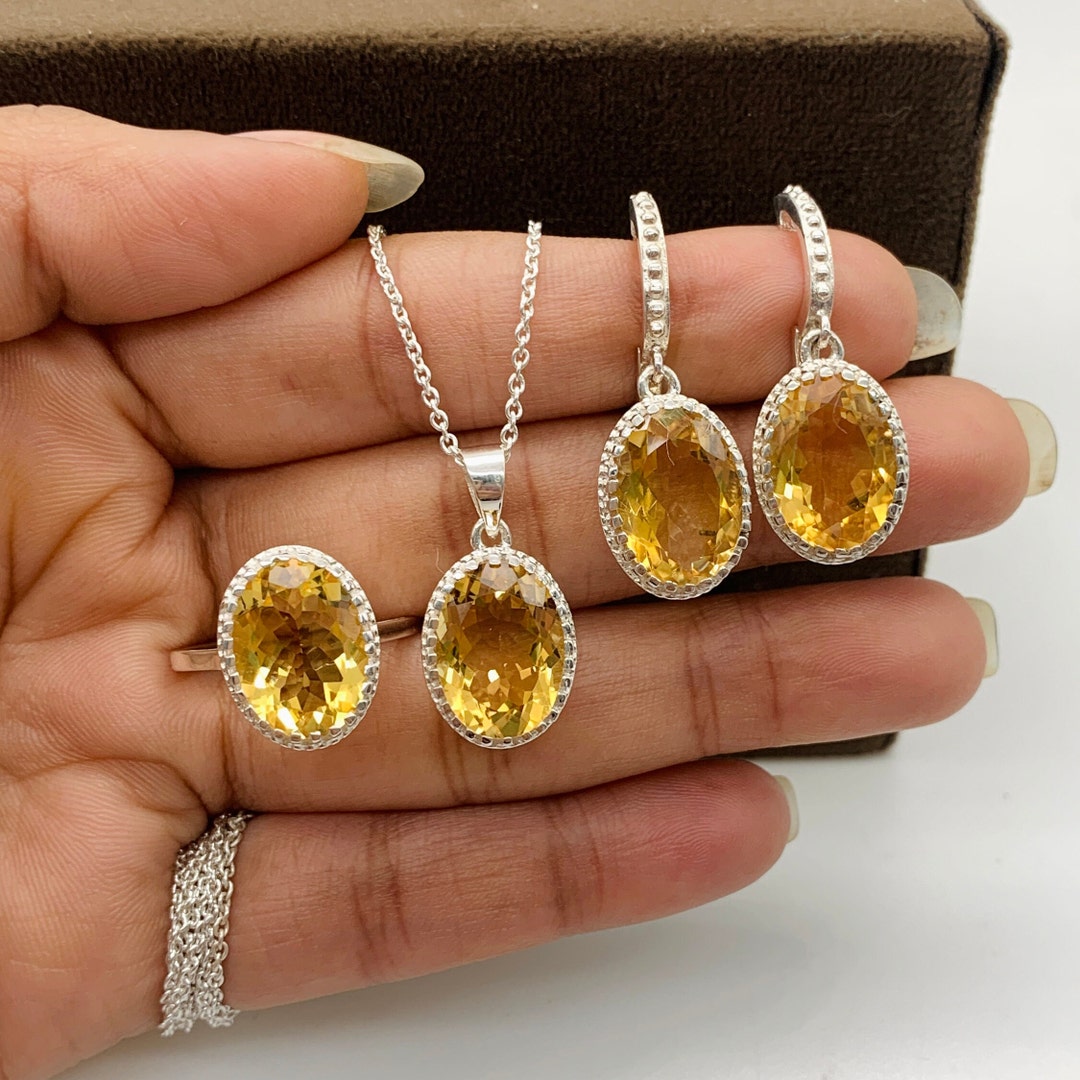 Sterling Silver Citrine Oval Halo Necklace & Earrings Set For Women - Perfect Gift For Bridesmaids, Birthdays & Special Occasions - View #7