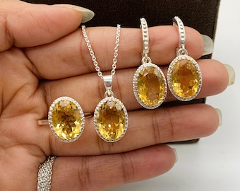 Natur Citrin Sterling Silber Schmuck Set: Ovaler Edelstein, handgemacht