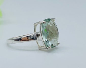 Green Amethyst Cushion Cut Sterling Silver Ring, Dainty Solitaire Promise Ring