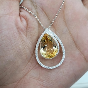 Unique Citrine Teardrop Necklace-November Birthday Gift-Golden Drop Pendant-Citrine Double Halo Necklace-Citrine Delicate Pendant For Love