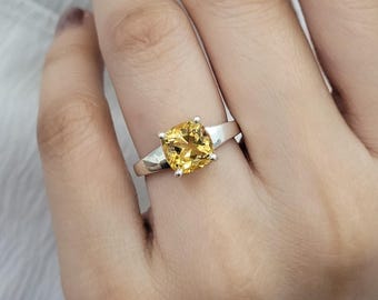 Cushion Cut Citrine Solitaire Ring: Sterling Silver November Birthstone