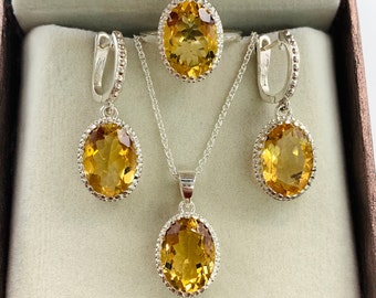 Sterling Silver Citrine Oval Halo Necklace & Earrings Set For Women - Perfect Gift For Bridesmaids, Birthdays & Special Occasions - View #3