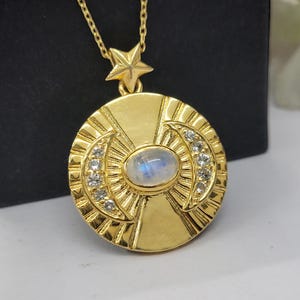 Moonstone Gold Coin Pendant-14K Gold Filled Charm-Gold Dainty Coin Pendant-June Birthday Gift-Vintage Style Coin Necklace-Thik Coin Pendant