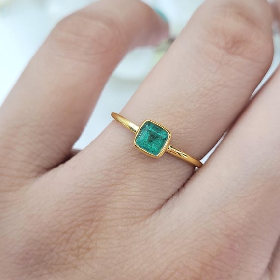 Bague Fine Art Déco En Argent 925 - Béryl Vert Émeraude Plaqué Or 14K - Toutes Tailles