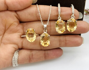 18kシトリン宝石のペンダントとイヤリングセット 天然シトリンイヤリングネックレスセット 925スターリングシルバー