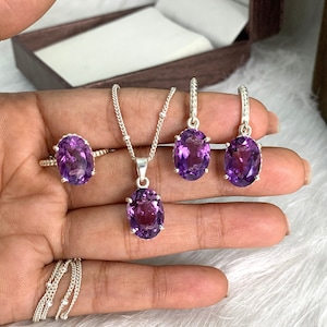 Natural Amethyst Jewelry Set, 925 Sterling Silver Earring, Anniversary Gift For Her, Minimalist Earring, Gemstone Earring, Thanksgiving Jewelry, Family Love Earring, Christmas Gifts, Birthstone Earring, Gift For Her, New Year Gifts, Art Deco