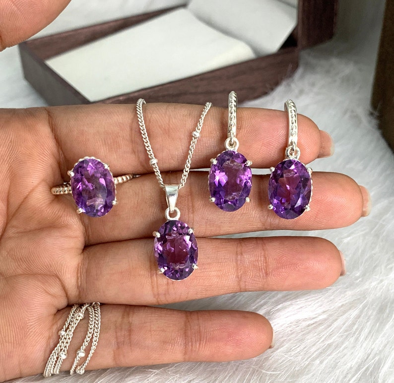 Natural Amethyst Jewelry Set, 925 Sterling Silver Earring, Anniversary Gift For Her, Minimalist Earring, Gemstone Earring, Thanksgiving Jewelry, Family Love Earring, Christmas Gifts, Birthstone Earring, Gift For Her, New Year Gifts, Art Deco