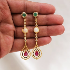 Multi Gemstones Earrings-Victorian Style Dangle Earrings-Fire Opal Wedding Earrings-14K Gold Vermeil Long Earrings-Teardrop Girls Earrings
