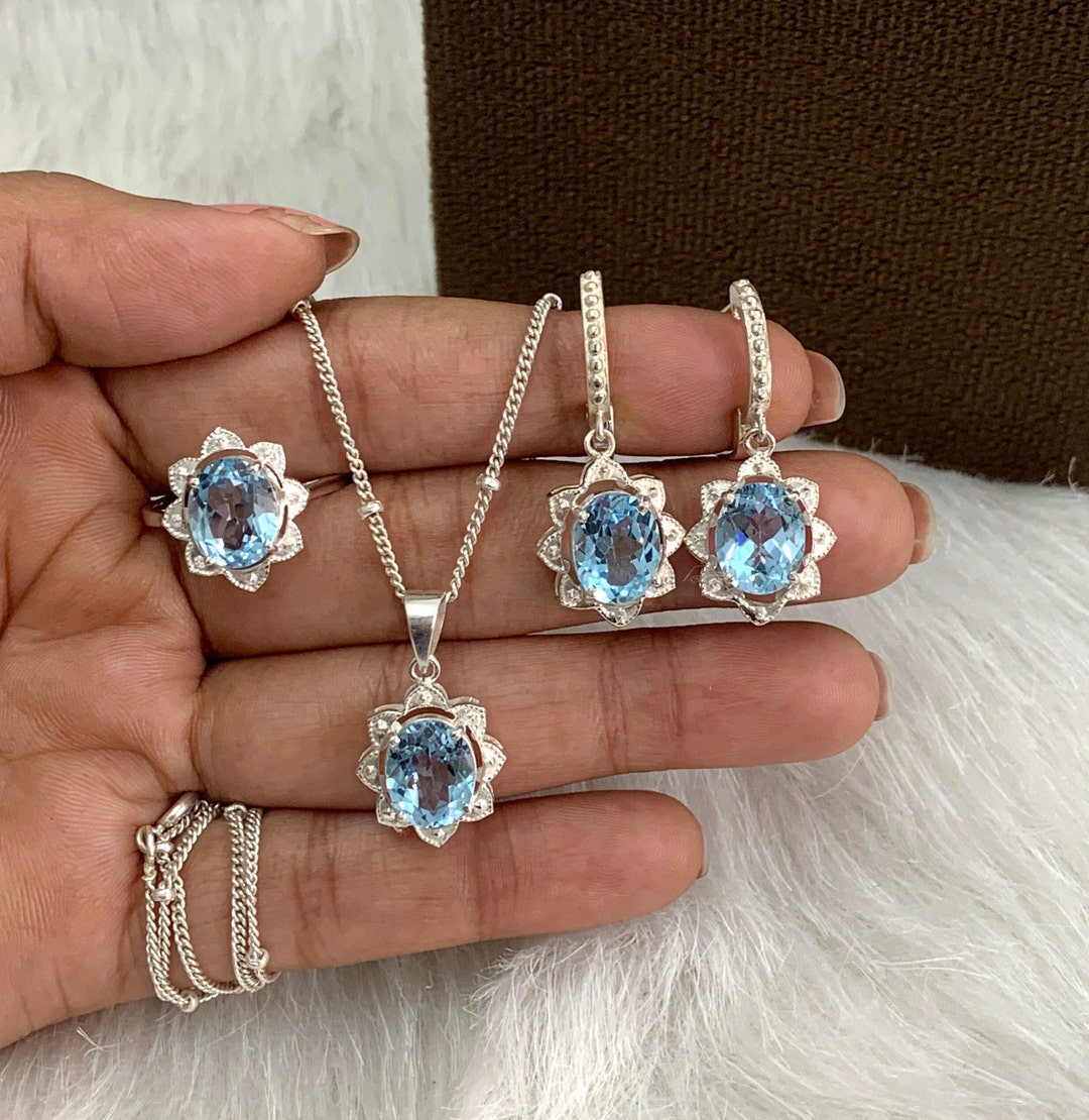 Natural Blue Topaz Jewelry Set Sterling Silverblue Topaz Floral Jewelry Set for Herblue Topaz
