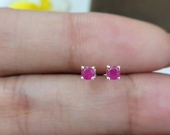 Minimalist Pink Ruby Stud Earrings: Sterling Silver, July Birthstone