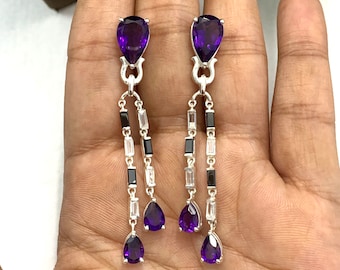 Amethyst Long Dangle Earrings-Dark Purple Gemstone Jewelry-Solid Silver Earrings-Delicate Earrings-Purple Drops Earrings-Gift For Her