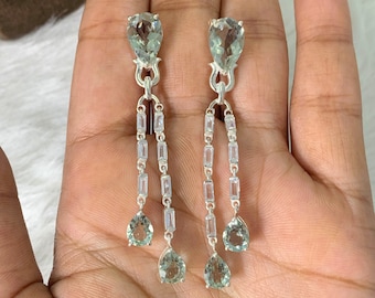 Unique Prasiolite Long Earrings-Green Amethyst Earrings-February Birthstone Jewelry-Prasiolite Teardrops Earrings-Anniversary Gift For Wife