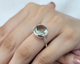 Elegant Green Amethyst Ring-February Birthstone Ring-Prasiolite Stacking Ring-Bezel Set Ring-Handmade Sterling Silver Ring-Statement Ring