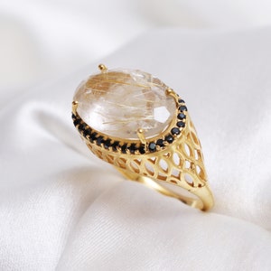 Big Golden Rutile Quartz Ring-14K Gold Vermeil ring-Golden Quartz Bridesmaid Ring-Angel Hair Gemstone Ring-Quartz Cocktail Ring-Gift For Her