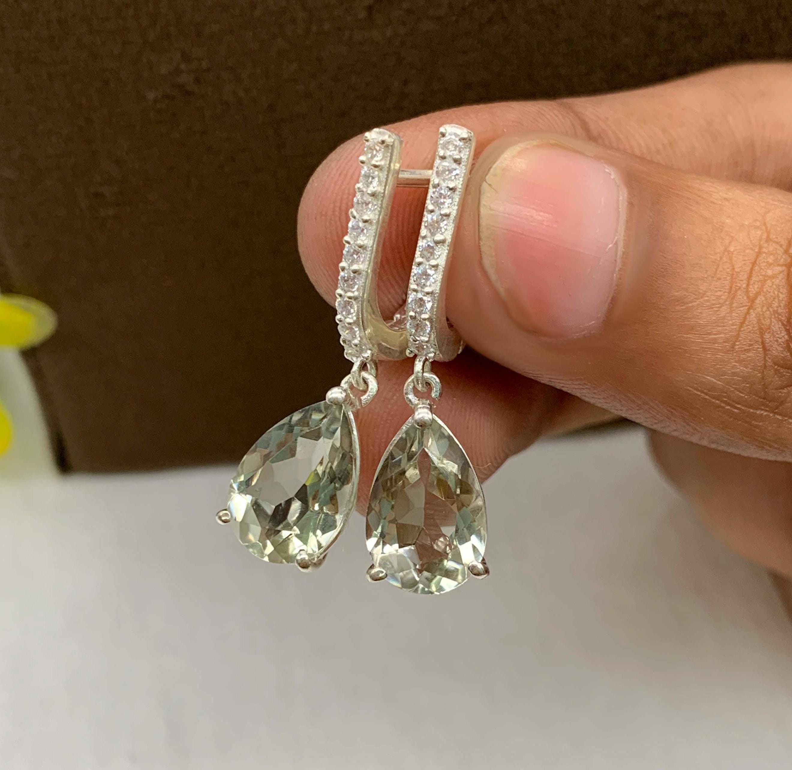 Green Amethyst Dangle Earrings: Sterling Silver Prasiolite & White Topaz
