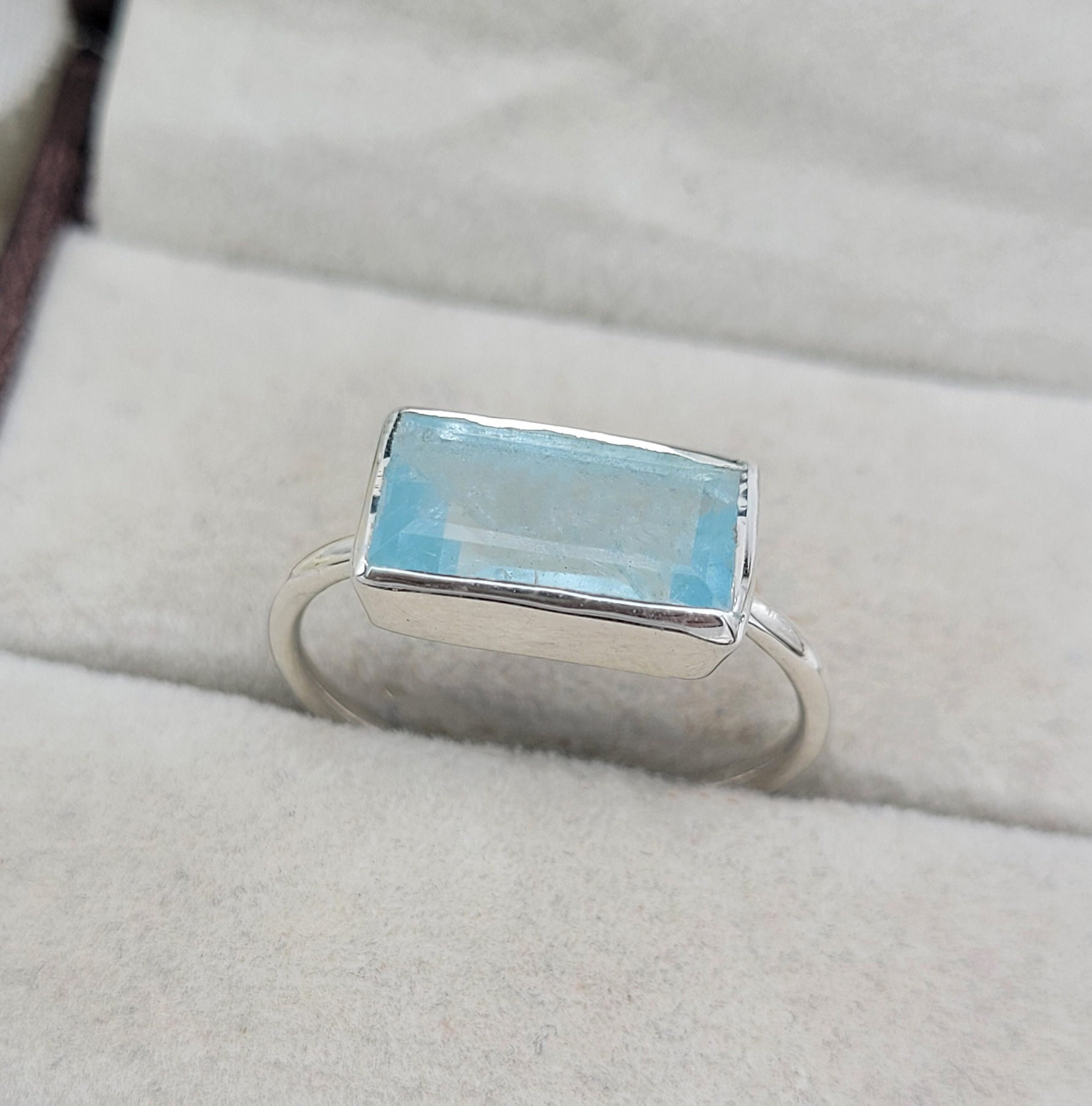 Natural Aquamarine Silver Ring: East-West Baguette, Geometric Statement