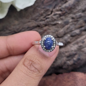 Vintage Blue Sapphire Ring-Sapphire With Diamonds Ring-Blue Sapphire Engagement Ring-Sapphire Halo Ring-Unique Sapphire Promise Ring For her