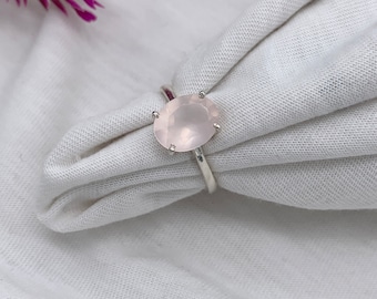 Natural Rose Quartz Oval Ring, Sterling Silver Handmade Pink Gemstone Jewelry