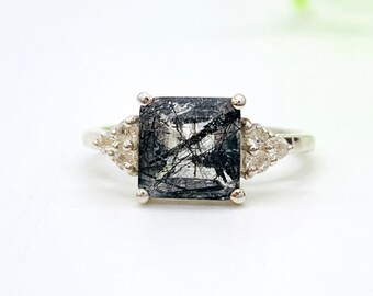 Black Rutile Quartz Solitaire Ring-Unique Rutile Vintage Engagement Ring-Tourmaline Quartz Ring Sterling Silver-Black Quartz Promise Ring