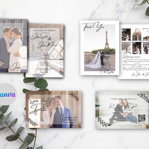 写真付きの編集可能なモダンなゴールド フレームの結婚式招待状パッケージ テンプレート。Canva で編集。個人用 QR コード。すぐにダウンロードできます。