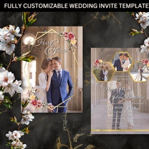 写真付きの編集可能なモダンなゴールド フレームの結婚式招待状パッケージ テンプレート。Canva で編集。個人用 QR コード。すぐにダウンロードできます。