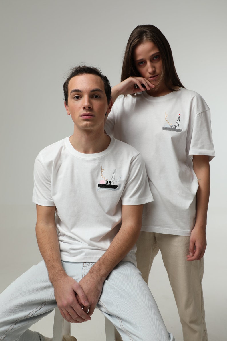 Unisex Embroidered White Tshirt, Oversized Tshirt, Streetwear Tshirt, Trendy Tshirt, Tops and Tees image 2