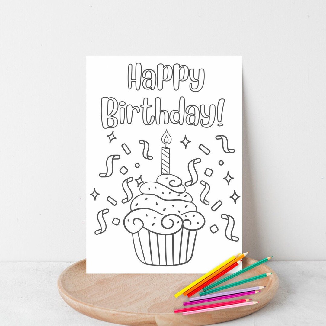 Happy Birthday Colorable Card / Kids Coloring / Cupcake / - Etsy
