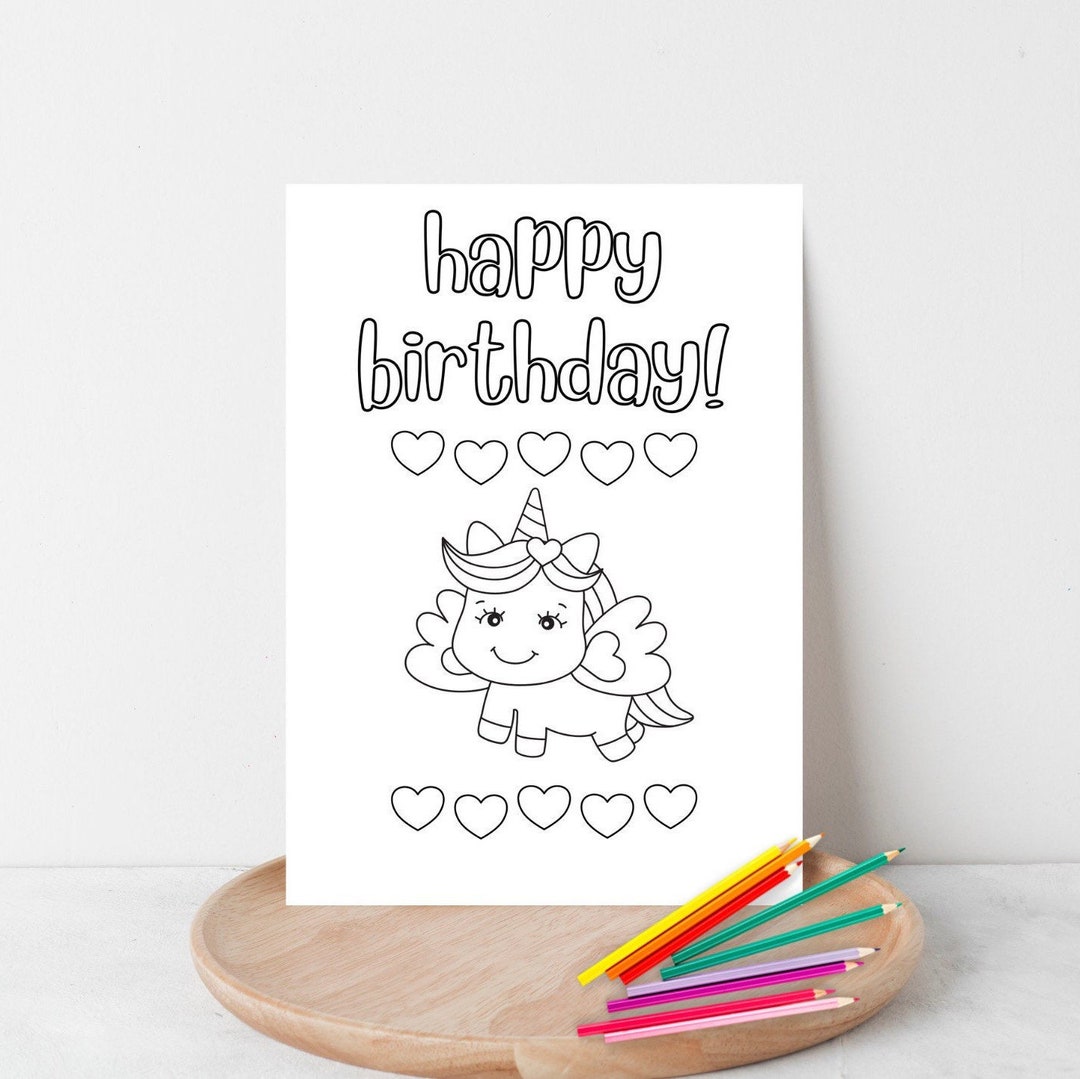 Happy Birthday Colorable Card / Kids Coloring / Unicorn / - Etsy