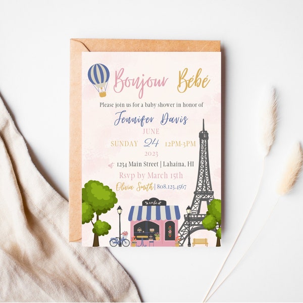 Bonjour Bébé Invitation | Baby Shower | Birthday | Modern Paris Theme | Editable Canva Template