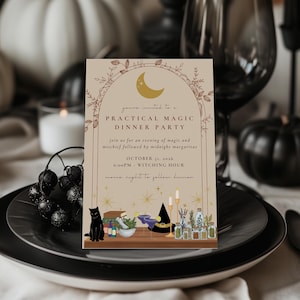 May include: A rectangular invitation card with a beige background featuring a gold crescent moon, an arched frame, and illustrations of a black cat, a witch hat, purple cocktails, books, and glass jars. The text reads Practical Magic Dinner Party.