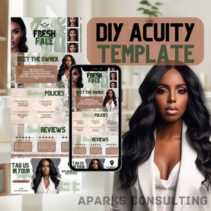 May include: A brown and green graphic design template for a beauty salon called "Fresh Face". The template includes a photo of the owner, a section for booking policies, client reviews, and a call to action to reserve an appointment. The template also includes a section to tag the salon on social media.