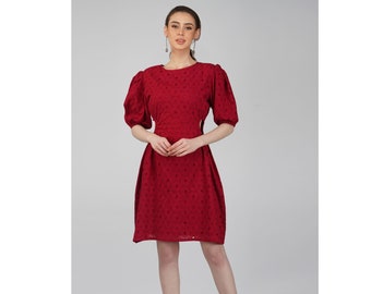 Sheqe Apparels Cotton Eyelet Dress  For Women With 3/4 Sleeves And Round Neck Pink