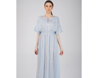 Sheqe Apparels Cotton Maxi Embroidered Dress For Women With Raglan Sleeves And Round Neck (Blue)