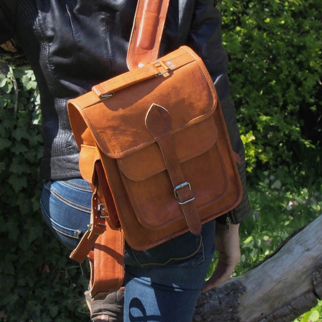 Brown Leather Rucksack Backpack, Daily Use Travel Bag With Roomy ...