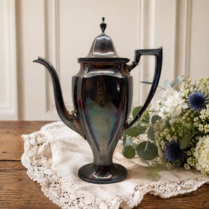 May include: A silver-toned metal coffee pot featuring a tall, tapered body, a curved spout, and a matching lid with a small finial. The surface displays a dark, iridescent patina with subtle reflections and a smooth, polished finish throughout.