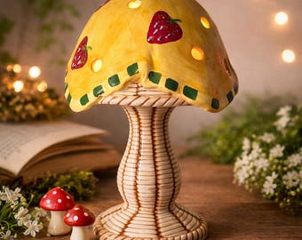 Mushroom Fairy Lamp Strawberry Cottagecore Decor Whimsical Luminary Cozy Glow Light Fairycore Accent Tea Light Holder