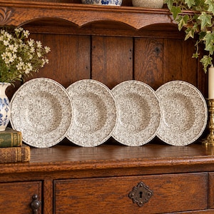 May include: A set of four round ceramic plates featuring a detailed brown and white floral pattern. Each plate has a scalloped edge and a consistent, intricate botanical design covering the entire surface, displayed in a horizontal row.