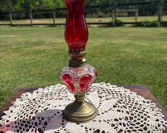 Vintage Red Bullseye Glass Oil Lamp with Hurricane Shade, Ruby Flash Cottagecore Decor, Victorian Style Oil Lamp Lighting