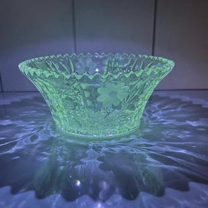 Vintage UV Reactive Cut Glass Bowl | Glows Under Blacklight | Sawtooth Rim Starburst Floral Pattern | American Brilliant Cut | CottageCore