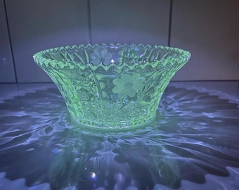 Vintage UV Reactive Cut Glass Bowl | Glows Under Blacklight | Sawtooth Rim Starburst Floral Pattern | Depression Era Style | Cottagecore