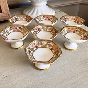 Antique Nippon Era Salt Cellars Set of 7 – Hand Painted Roses, Gold Gilt Porcelain, Octagonal Footed Dishes, Butter Pats Trinket Ring Bowls