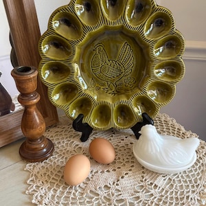 Vintage California Pottery Deviled Egg Plate Olive Avocado Green Rooster Dish Farmhouse Kitchen Cottagecore Serving Tray Egg Holder