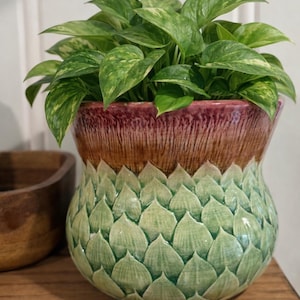 May include: A decorative ceramic planter with a green, brown, and burgundy color scheme. The planter has a textured, scale-like pattern on the lower half and is filled with a lush green plant with variegated leaves. The planter sits on a wooden surface.
