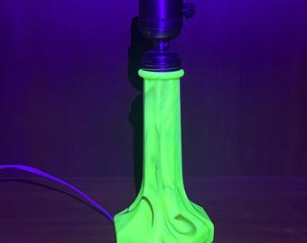 Vintage Uranium Slag Glass Lamp Base | UV Reactive Custard Glass Lamp | Glowing Amber Swirl Art Deco Boudoir Lamp | Working Vintage Light