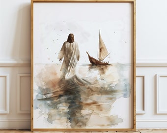 Jesus Walks on Water Wall Art, Minimalist Jesus Watercolor Print ...