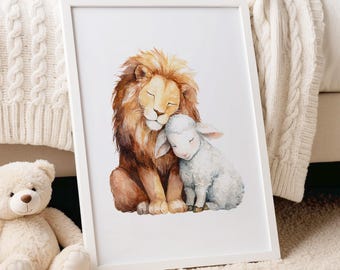Kinderkamerdecoratie met leeuw en lam, aquarel christelijke kunst (digitale download)